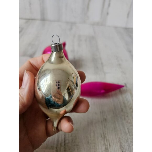 Antique silver pink mercury glass ornament teardrop set Xmas tree - Picture 9 of 16